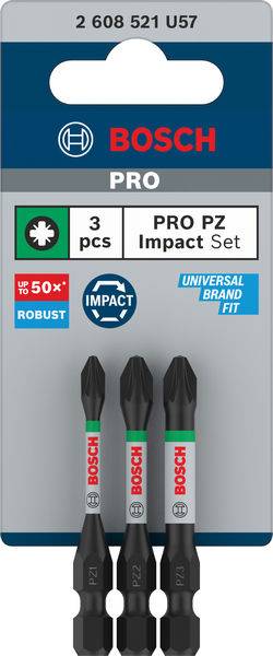 Drie zwarte Bosch schroeverbits in set, Pro PZ Impact, geschikt voor robuuste toepassingen, met verpakkingsinstructies en logo.