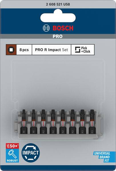 'Bosch PRO R Impact Set', bevat 8 bits. Opbergdoos met bits. Verpakking toont compatibiliteit en robuustheid van het product.