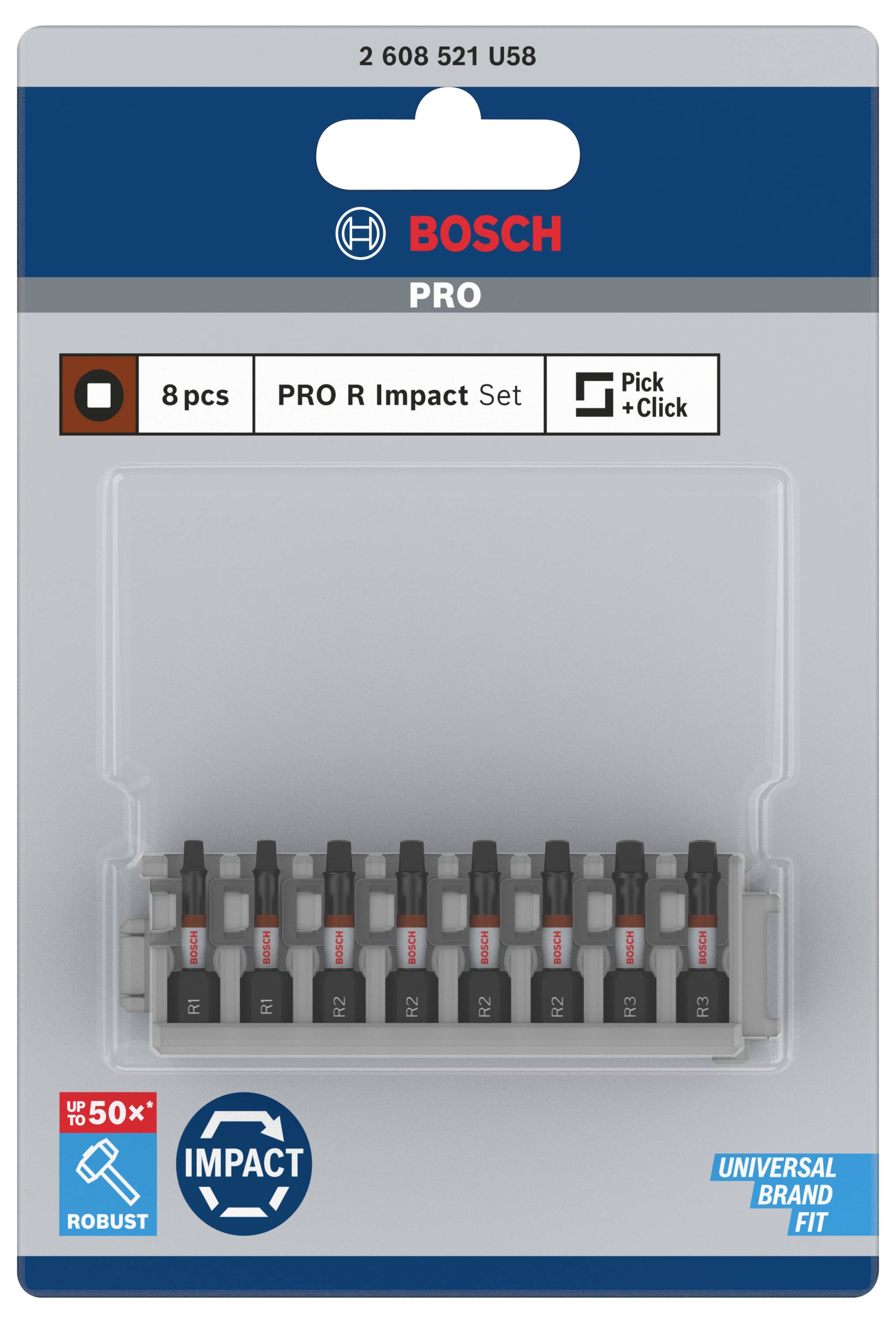 Een verpakking met acht Bosch PRO R Impact bit-opzetstukken, geschikt voor robuuste toepassingen. Bevat verschillende bit-maten.