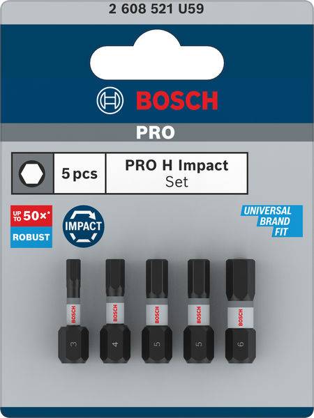 Bosch PRO H Impact Bit-Set met 5 robuuste bits. Geschikt voor universeel gebruik. Verpakt in grijze doos met productinformatie.