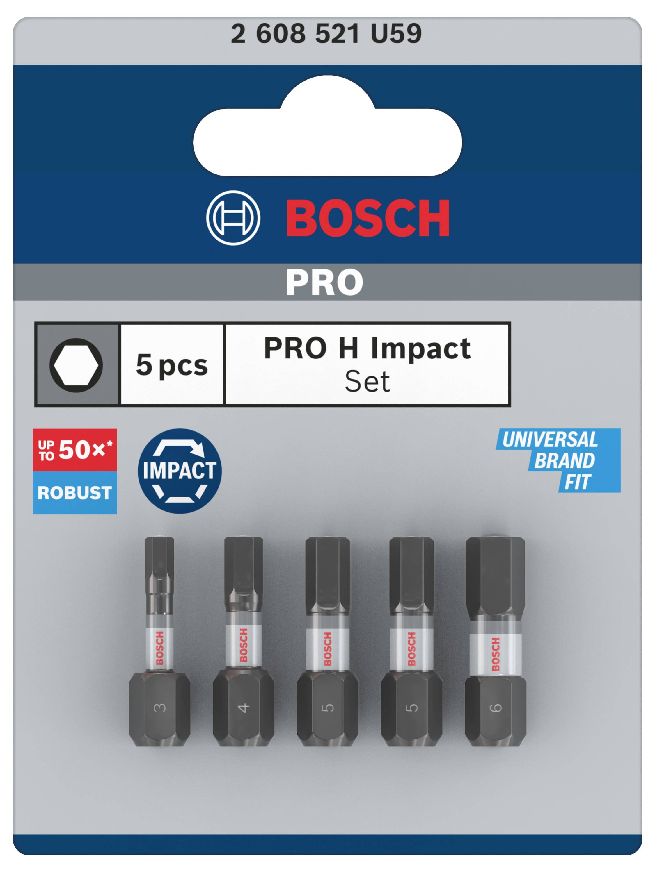 Vijfdelig Bosch PRO H Impact schroevendraaierbitset, robuust en universeel toepasbaar. Verpakking toont modelnummer en logo.