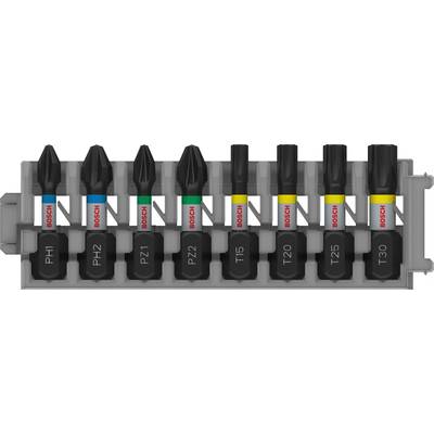 Acht zwarte schroevendraaier-bits in een grijze houder, elk voorzien van een kleurgecodeerde ring en gemarkeerd met een rood 'Bosch'-logo.