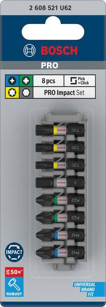 'PRO Impact Set' van Bosch, bevat 8 schroevendraaier-bits. Verpakking toont robuuste en duurzame eigenschappen, geschikt voor veeleisende taken.