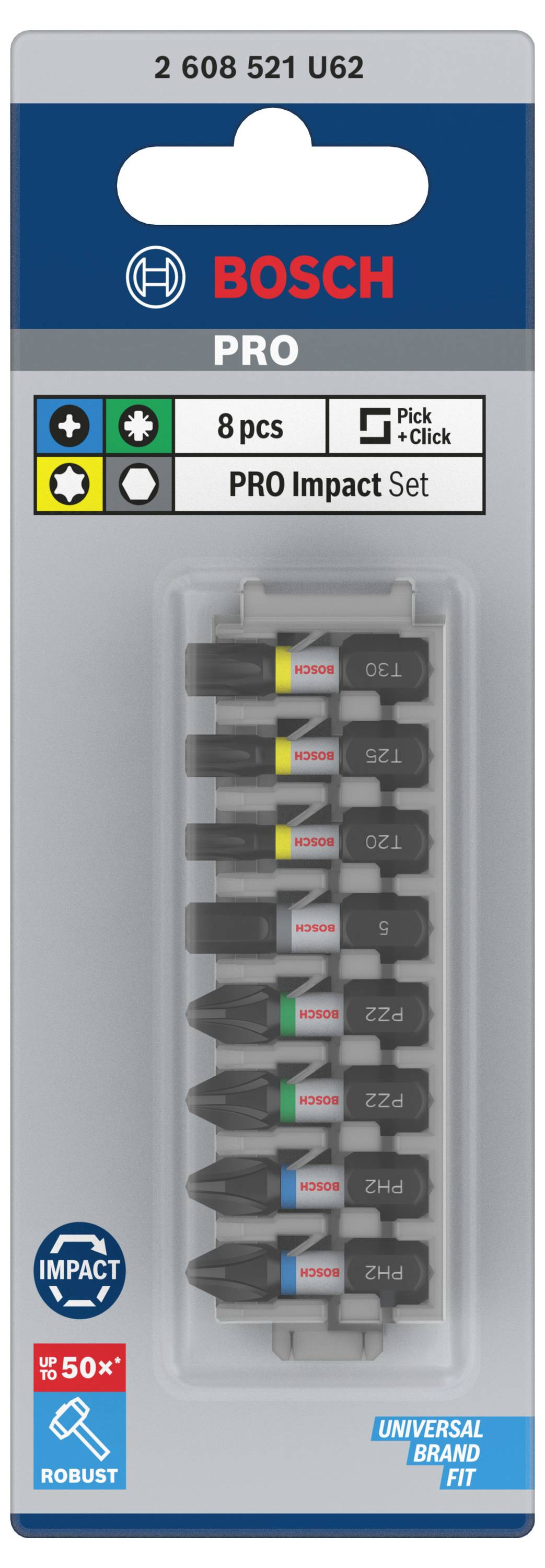 'Bosch PRO Impact Set' toont 8 robuuste, kleurgecodeerde bits in een transparante verpakking. Bovenaan het Bosch-logo en een bestelcode.