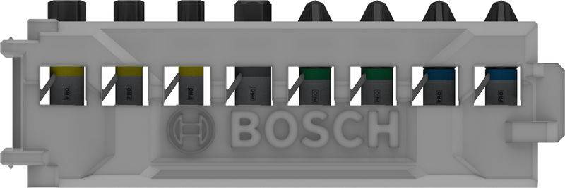 Een Bosch-verdeelrail met acht naast elkaar geplaatste aansluitingen, die elk zijn gemarkeerd met verschillende kleurcodes.