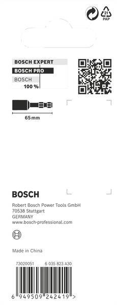 Etiket voor Bosch-product; toont QR-code, bedrijfsadres 'Robert Bosch Power Tools GmbH, Stuttgart', lengte 65 mm.