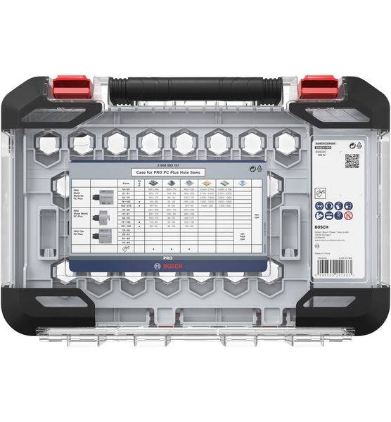 Transparante gereedschapskist met handvat, met vakjes aan de binnenkant voor verschillende gereedschappen. Bevat een etiket met tabel en Bosch-logo.