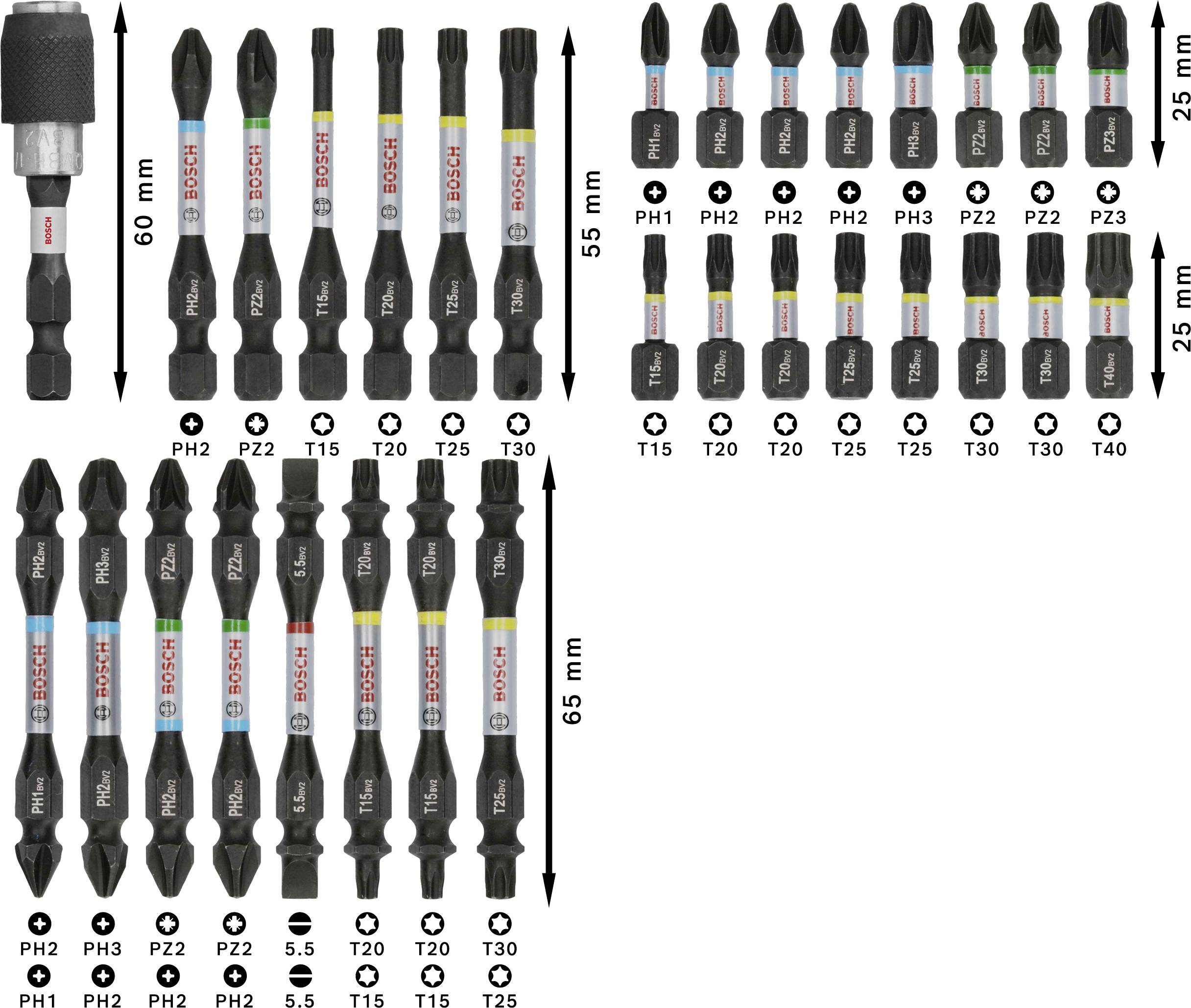 'Bosch Professional Impact Control' schroevendraaierbit-set, bevat verschillende bitmaten (T20, T25, T30, PH2, etc.) en een snelwisselhouder.