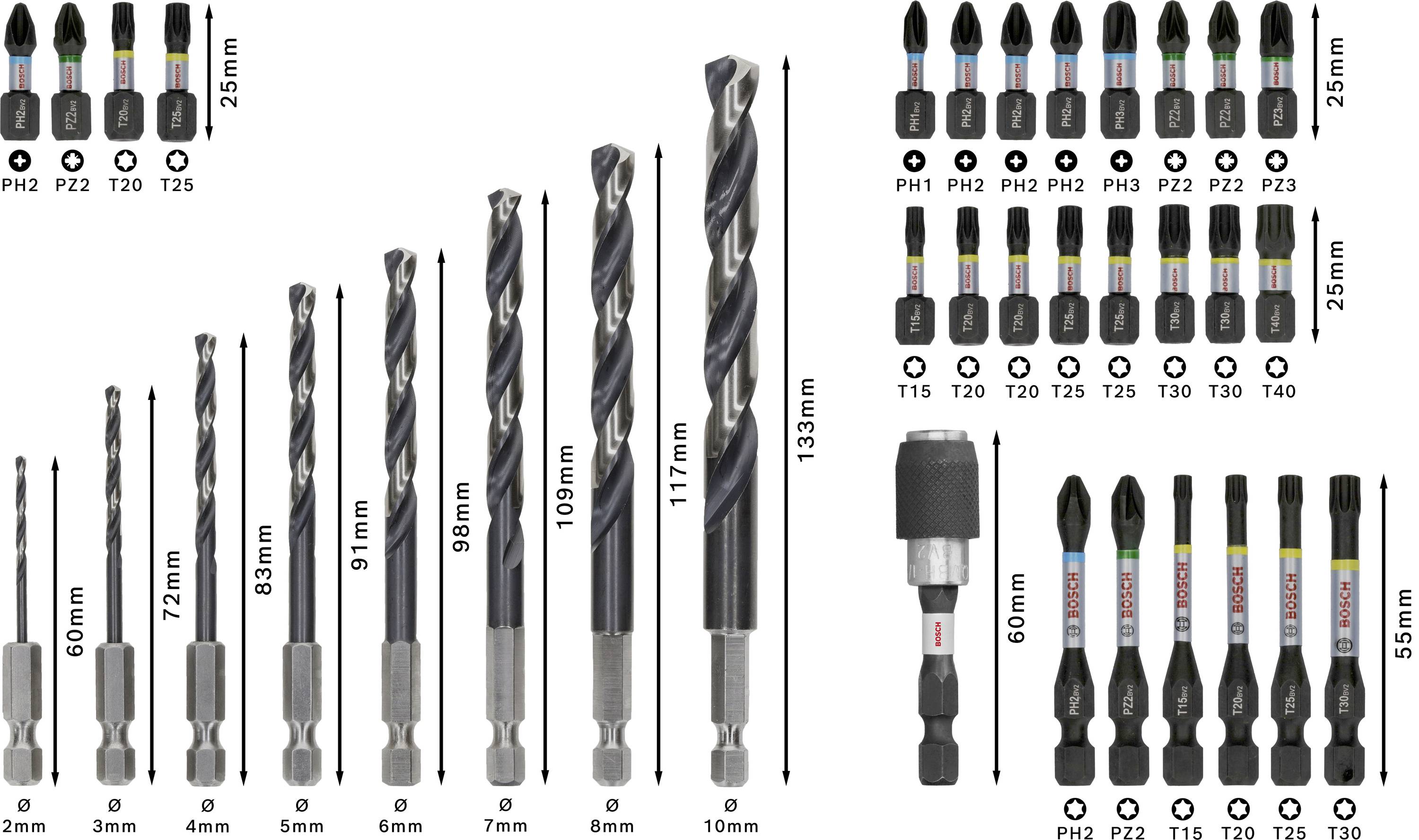 Boor- en bit-set: Verschillende maten boren (3-10mm) en schroefbits (PH, PZ, T) met verlenging, maten aangegeven in mm.
