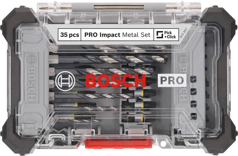 Boorset van BOSCH in een transparante doos, bevat 35 onderdelen, voorzien van de opschriften "PRO Impact Metal Set" en "Pick & Click".