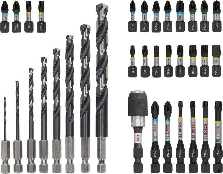 Een set met verschillende boor- en schroefbits, waaronder spiraalboren, kruiskop- en sleufschroevendraaierbitjes.