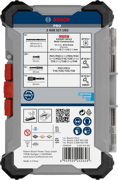 Bosch boorset-verpakking. Bevat productinformatie, compatibiliteitsgegevens en afbeelding van toepassingen.