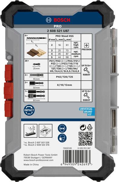 'Bosch Pro' boorset-verpakking, toont productdetails en meetwaarden. Bevat boren voor hout en metaal, tabel met afmetingsgegevens.