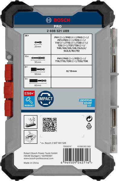 Kunststof doos met Bosch Pro schroevendraaier-bits. Toont compatibiliteitsinformatie voor verschillende schroeftypen. Gemaakt in China.