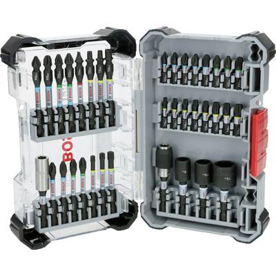 Boor- en bitset in een open kunststof behuizing met twee compartimenten. Verschillende kleurgecodeerde boren en bits zijn netjes gerangschikt zichtbaar.