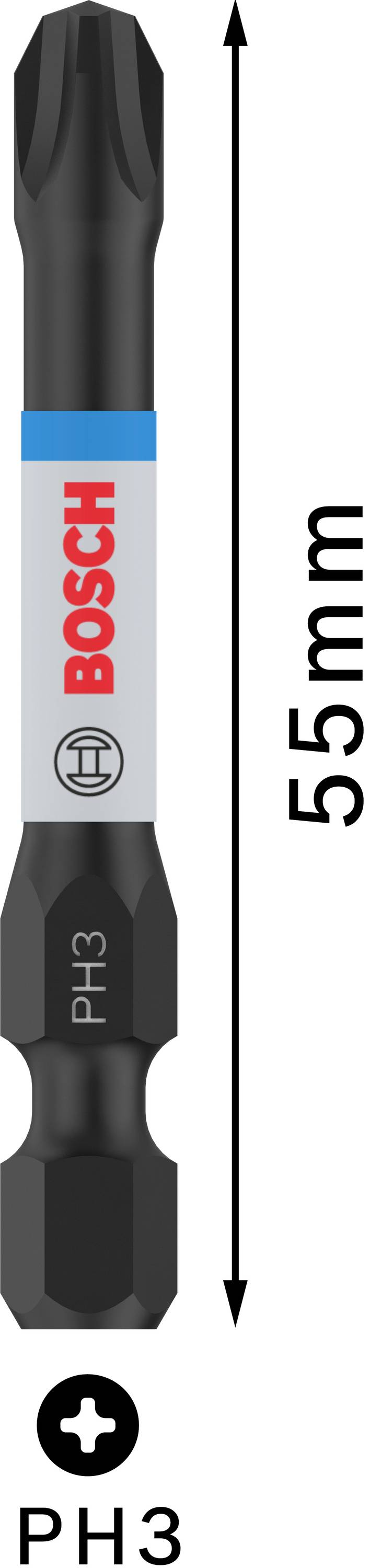 Schroefbits van Bosch, 55 mm lang, met Ph3-punt; ideaal voor nauwkeurig schroeven.