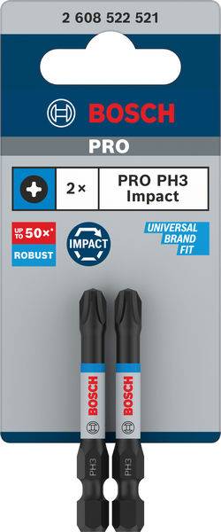 Verpakking met twee Bosch PRO PH3 slagschroevendraaier bits, robuust en universeel toepasbaar volgens de fabricagespecificaties op de verpakking.
