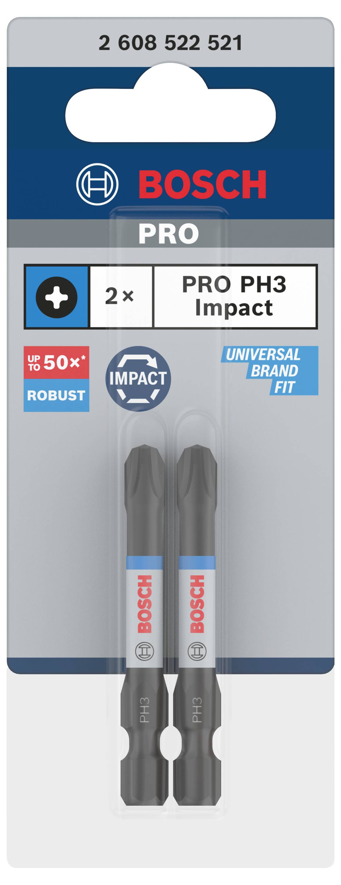 Verpakking met twee Bosch PRO PH3 slagschroevendraaierbits, geschikt voor robuuste toepassingen, universeel passend.