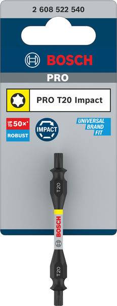 'Bosch PRO T20 Impact' schroevendraaierbit in verpakking, geschikt voor universele merken. Benadrukt robuustheid en slagvastheid.