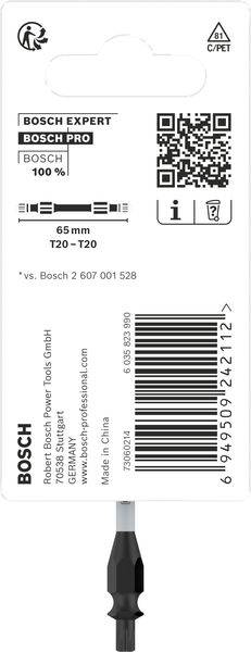 'Bosch Expert' verpakkingsetiket voor een 65 mm T20-schroevendraaierbit, met QR-code en recyclinginformaties.