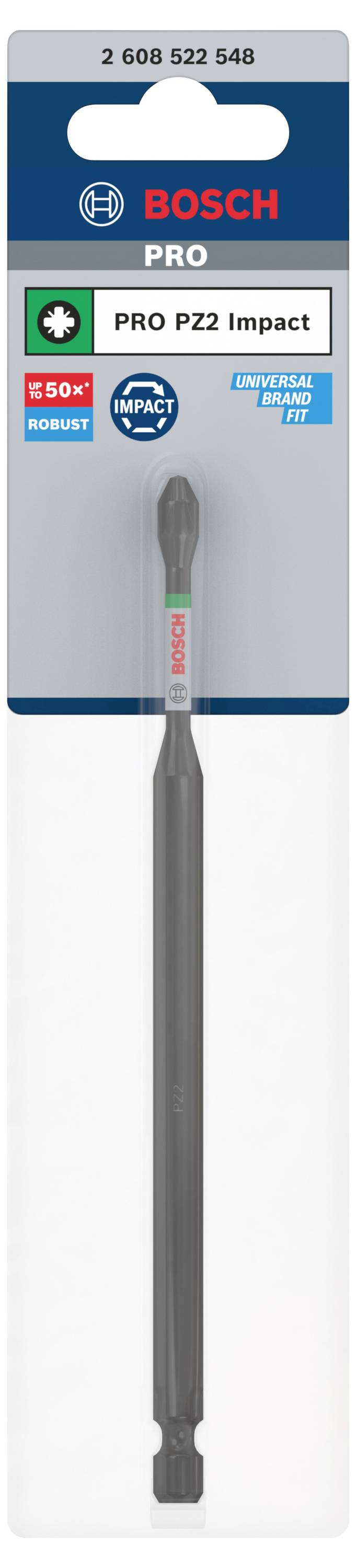 Een Bosch schroevendraaierbit, model 'PRO PZ2 Impact', verpakt in een blisterverpakking. Geschikt voor intensief gebruik.