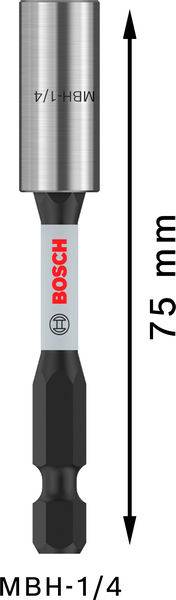 'Bosch MBH-1/4' Magnetische bithouder, met een lengte van 75 mm, toont richtingspijl voor formaat.