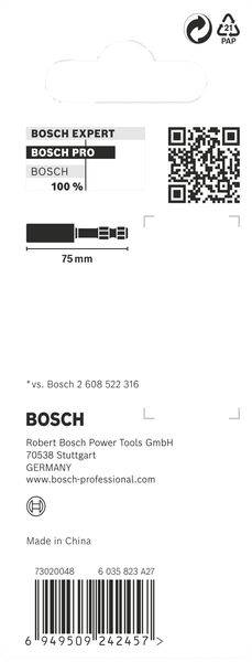 Etiket van een Bosch-verpakking met QR-code, streepjescode en contactgegevens van Robert Bosch Power Tools GmbH in Stuttgart.