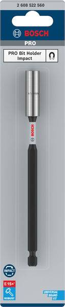 Verpakking van een Bosch PRO Bit Houder Impact, een gereedschapshouder voor bits. Afbeeldingen tonen kwaliteitszegels en productkenmerken.