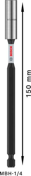 Schroevendraaierbit met 150 mm lengte, zilveren zeskantelijke kop, zwarte schacht, 'Bosch' merk op de schacht, pijl geeft lengteuitlijning aan.