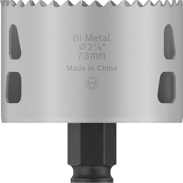 Grijze gatenzaag met opdruk 'BI-Metaal Ø2½" 73 mm Gemaakt in China' met zeskante steel onderaan.