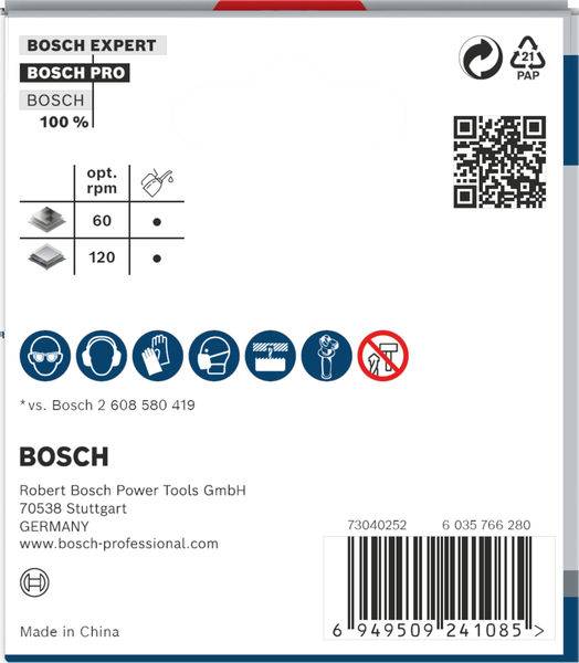 Etiket toont Bosch boorbit met QR-code, symbolen voor gebruik en recycling-informatie. Fabrikant: Bosch Power Tools GmbH, Stuttgart.