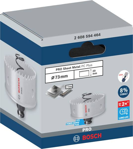 Verpakking van een Bosch gatenzaag voor plaatstaal, diameter 73 mm, met 8% kobaltgehalte, duurzaam en geschikt voor professionele toepassingen.