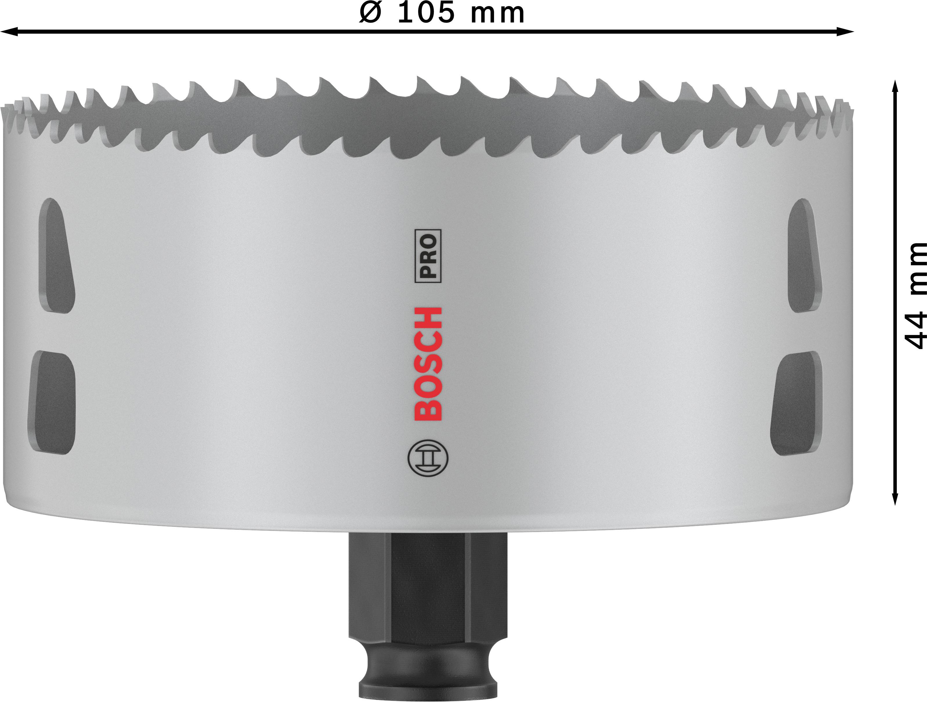 Een Bosch gatenzaag-opzetstuk met een diameter van 105 mm en een hoogte van 44 mm.
