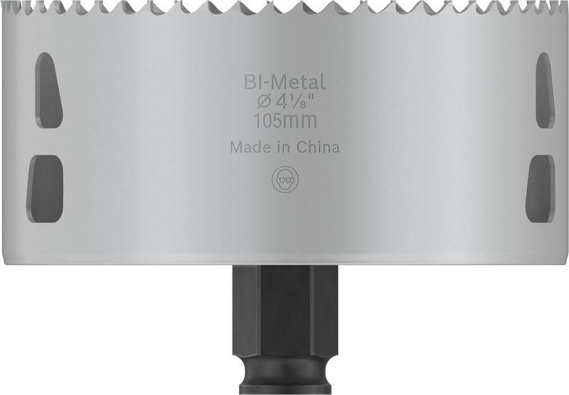 Bimetalen gatenzaag, 105 mm diameter, 4 1/8 inch, vervaardigd in China, getande zaagbladrand voor boorwerkzaamheden.