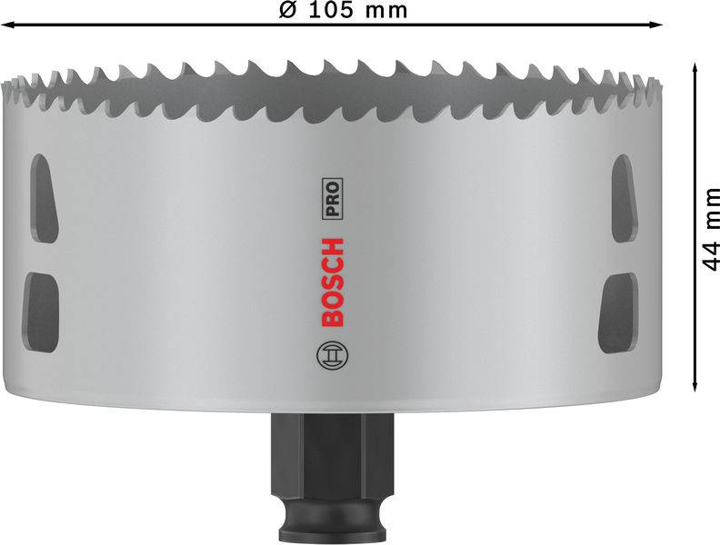 Gatenzaag van Bosch met 105 mm diameter en 44 mm hoogte. Grijs behuizing met tanden aan de rand, opschrift gecentreerd op het oppervlak.