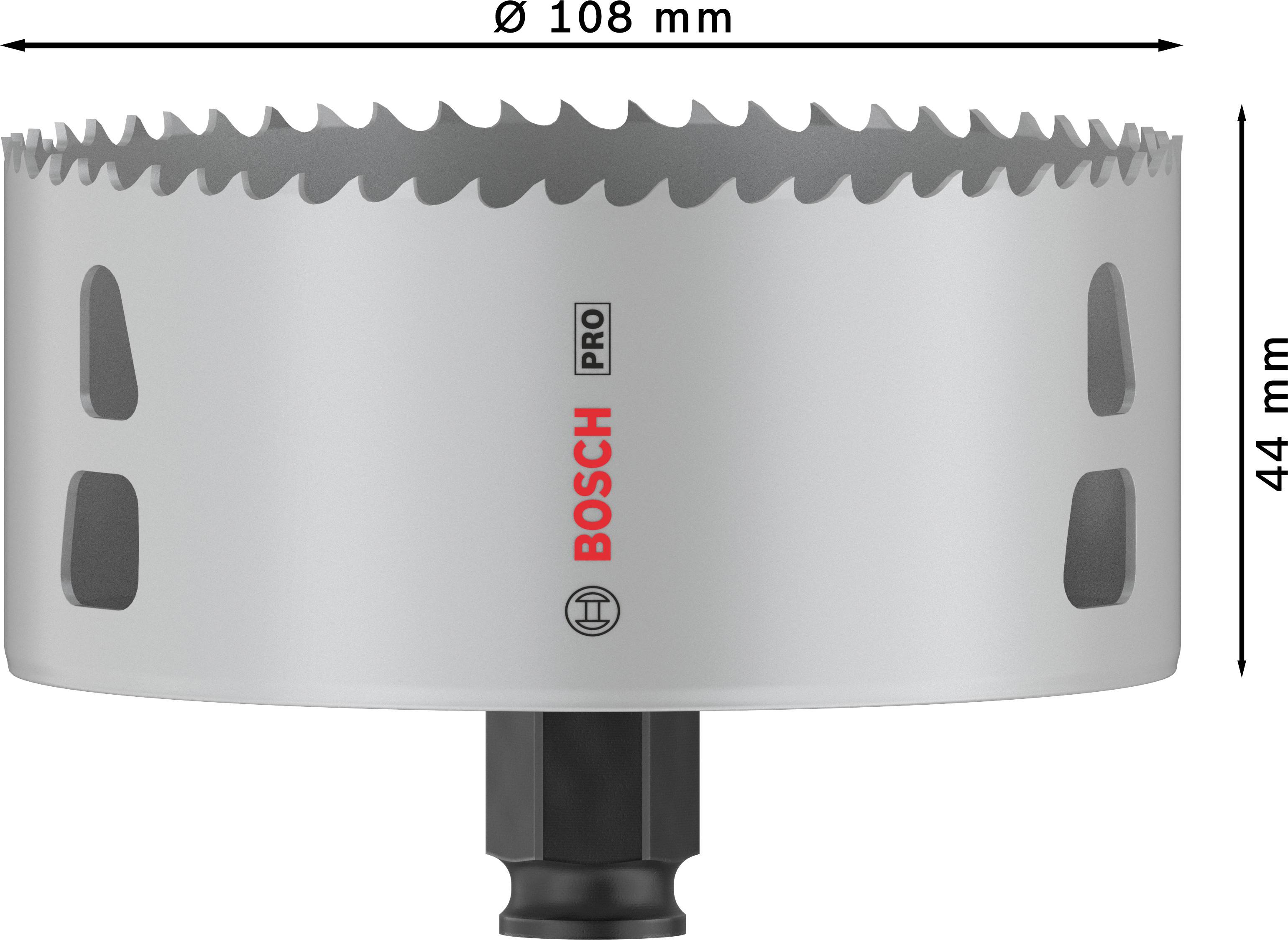 Afbeelding van een gatenzaag van Bosch met 108 mm diameter en 44 mm hoogte.