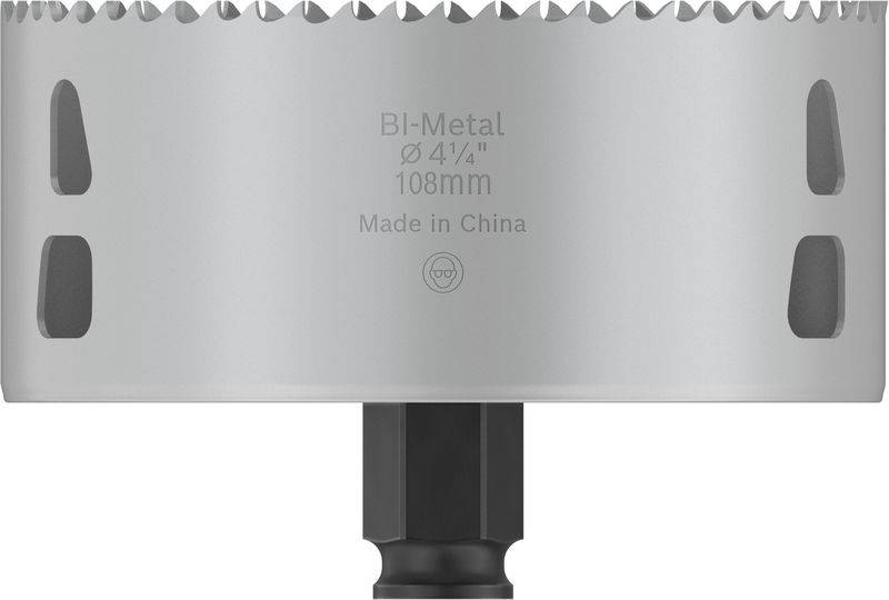 Metalen gatenzaag met opschrift 'BI-Metal Ø 4¼" 108mm Made in China'. De zaag toont zaagsnijdende tanden en een steekaansluiting.