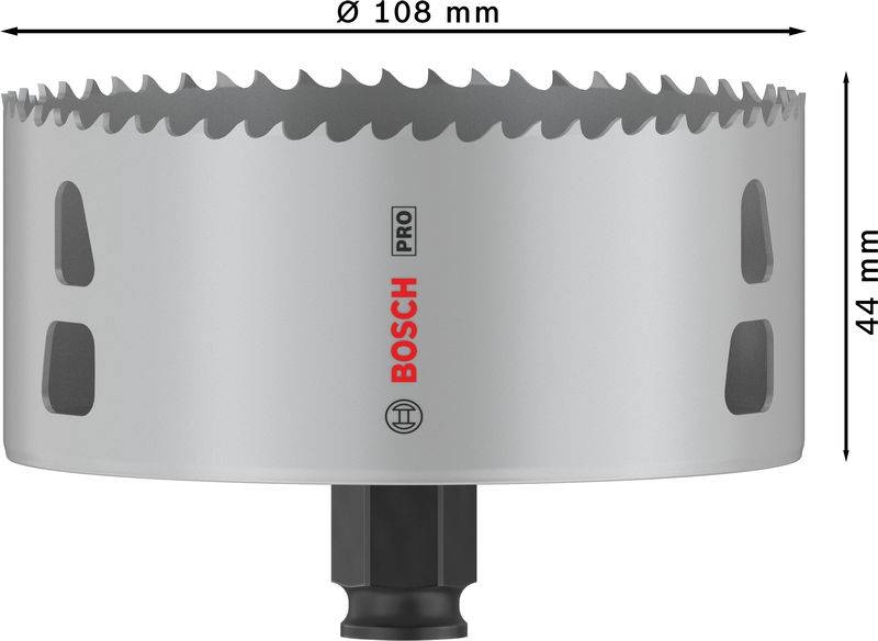 Afgebeeld is een Bosch Pro gatenzaag met een diameter van 108 mm en een hoogte van 44 mm. Hij is geschikt voor metaal.