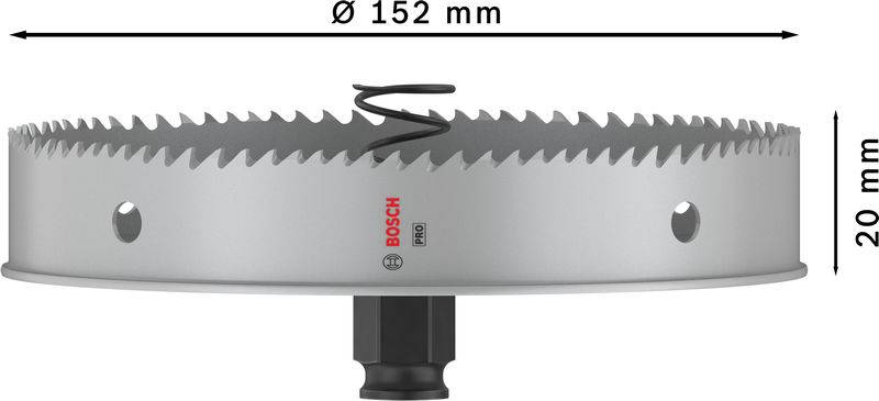 Gatenzaag met 152 mm diameter en 20 mm hoogte, geschikt voor nauwkeurig boren in verschillende materialen.