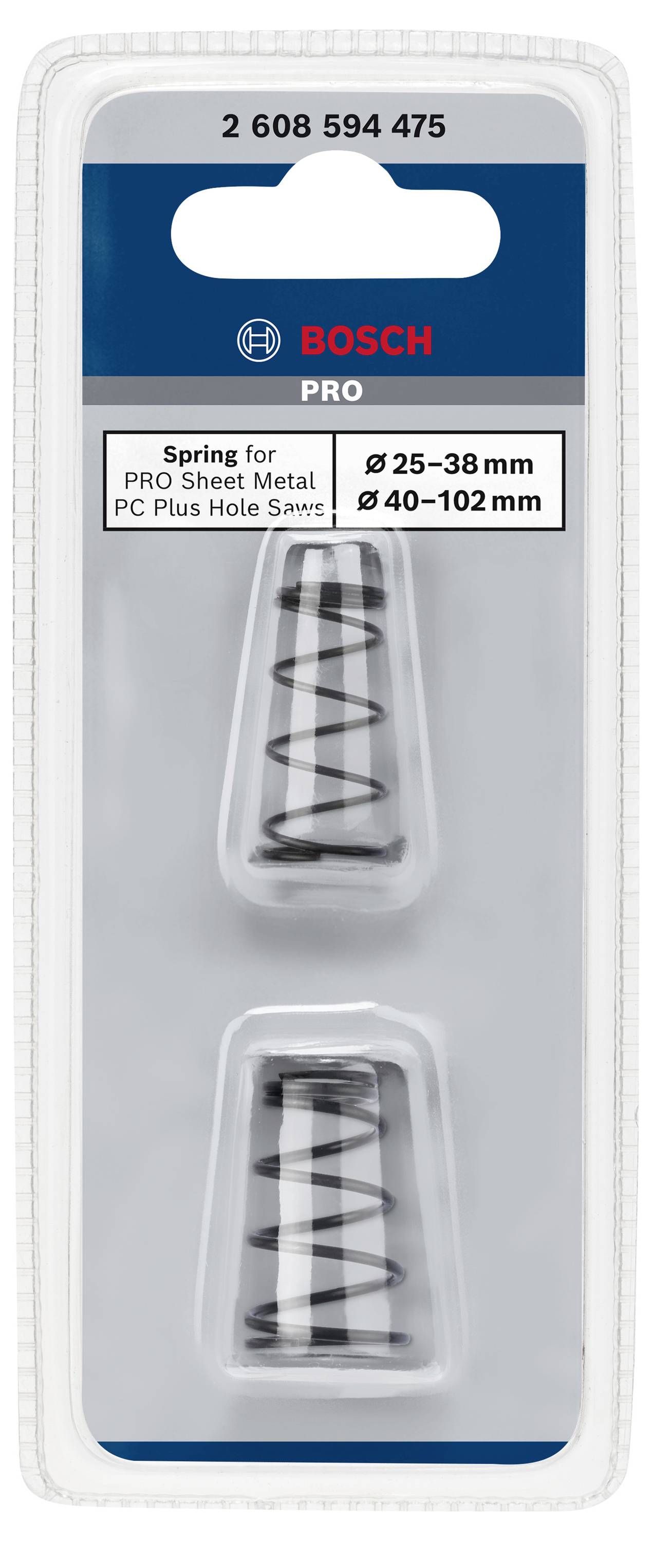 Verpakking met twee reserve-veren van Bosch Pro voor plaatgatzagen. Maten: 25–38 mm en 40–102 mm. Artikelnummer: 2 608 594 475.