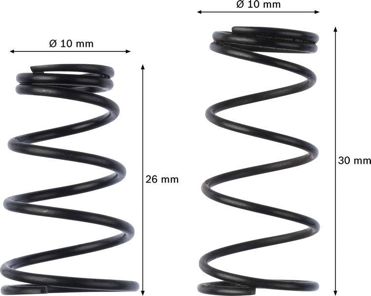 Twee zwarte spiraalveren; links 26 mm hoog, rechts 30 mm hoog. Beide hebben een diameter van 10 mm.