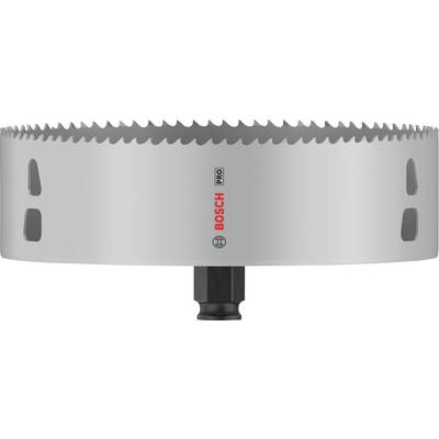 Zilveren gatenzaagopzetstuk met BOSCH-logo en PRO-opschrift in het midden. Geschikt voor professionele boorwerkzaamheden in verschillende materialen.