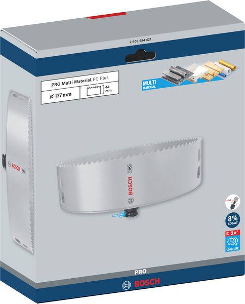 Verpakking van een Bosch gatenzaag voor verschillende materialen, diameter 177 mm, met duurzaamheidskenmerken en accessoire-afbeeldingen.