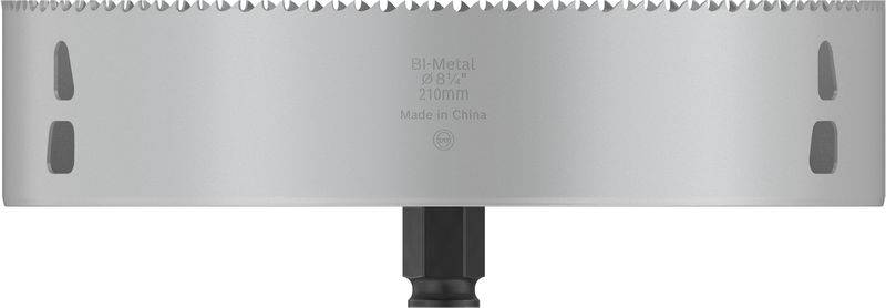 Een zilveren gatenzaag-opzetstuk met opschrift 'Bi-Metal, 203 mm'. De zaagkop heeft getande randen en is geschikt voor metaalbewerking.