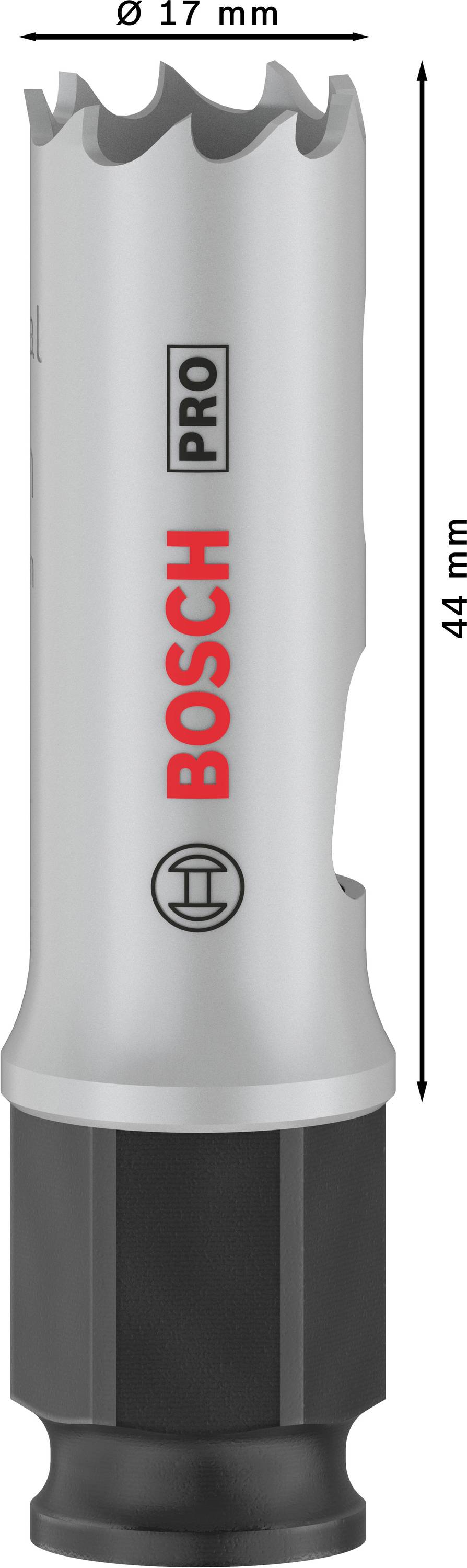 Een Bosch Pro gatenzaag, zilver met zwarte basis, diameter 17 mm, lengte 44 mm.