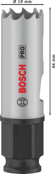 Een grijze boorbit met een zwarte voet, 'BOSCH PRO' in het rood bedrukt. Lengte 44 mm, diameter 19 mm, vertanding bovenaan.