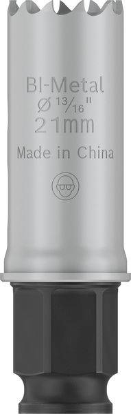 Metalen gatenzaag met 'Bi-Metal Ø 13/16" 21mm Made in China' opschrift. Zilveren kleur, getande rand bovenaan.