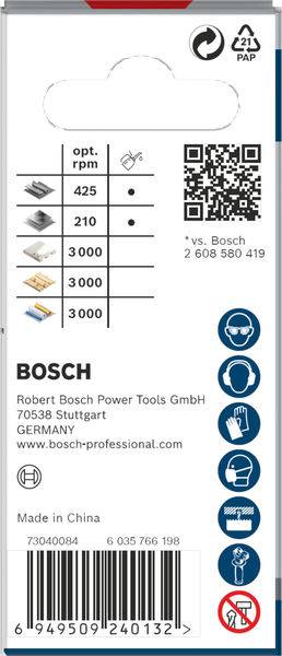 'Packaging for Bosch Power Tools. Shows various options with rotational speeds: 425, 210, 3000. Includes QR code and recycling symbols.'