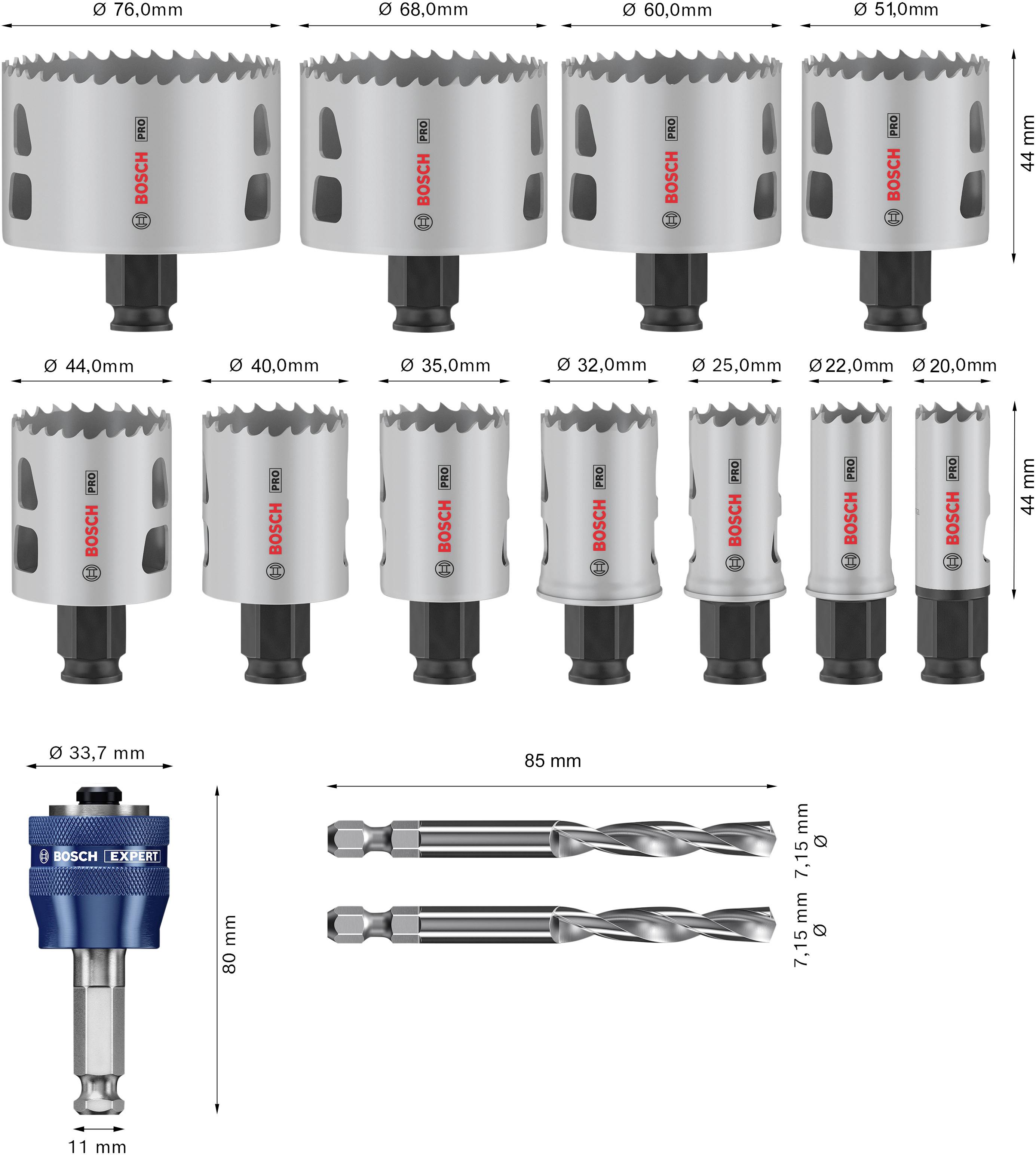 Set gatenzagen en boren met verschillende maten, variërend van 20 mm tot 76 mm. Inclusief adapter en twee boren.