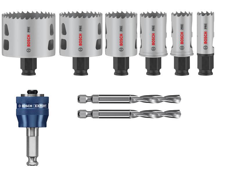 Set gatenzagen, adapter en boren. Merkopschrift 'Bosch' op de zagen. Gereedschappen voor precies boren in verschillende materialen.